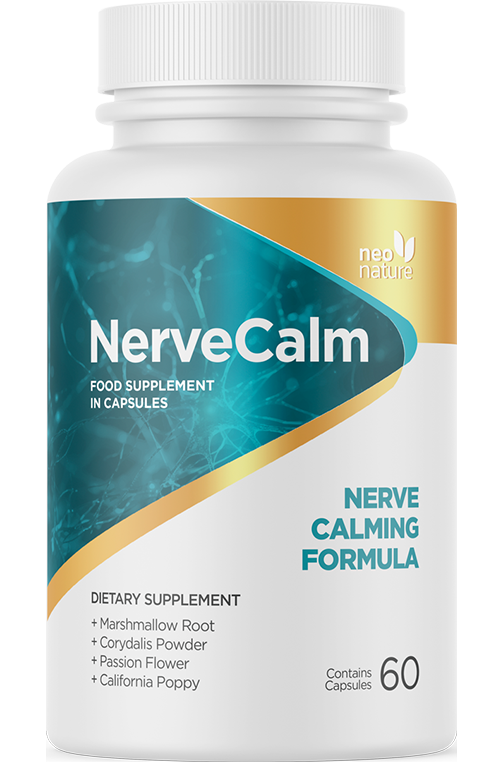 Bottle of NerveCalm dietary supplement capsules with label showing ingredients and product name.