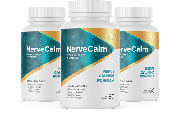 Three bottles of NerveCalm dietary supplement with labels showing it is a nerve calming formula containing marshmallow root, corydalis powder, passion flower, and california poppy.