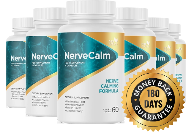 Multiple bottles of NerveCalm dietary supplement with a 180 days money back guarantee badge.