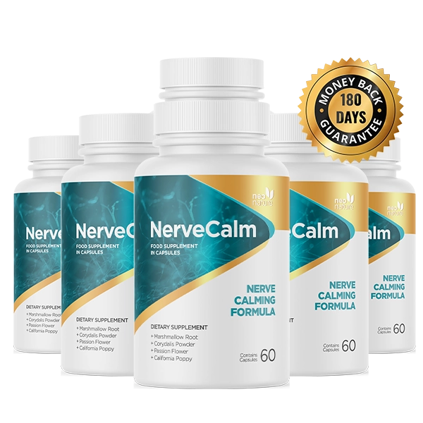 Five bottles of NerveCalm dietary supplement with a 180 days money-back guarantee badge