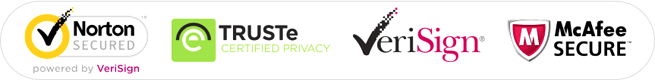Logos of security and trust certifications including Norton Secured, TRUSTe Certified Privacy, VeriSign, and McAfee Secure