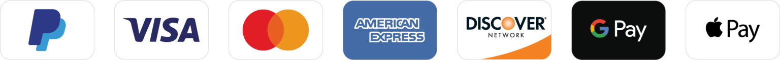 Icons representing various payment methods including PayPal, Visa, Mastercard, American Express, Discover Network, Google Pay, and Apple Pay.